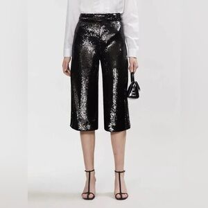 NWT MAJE Black Noir Party Sequin Wide Leg Cropped Culottes/Gaucho Pant